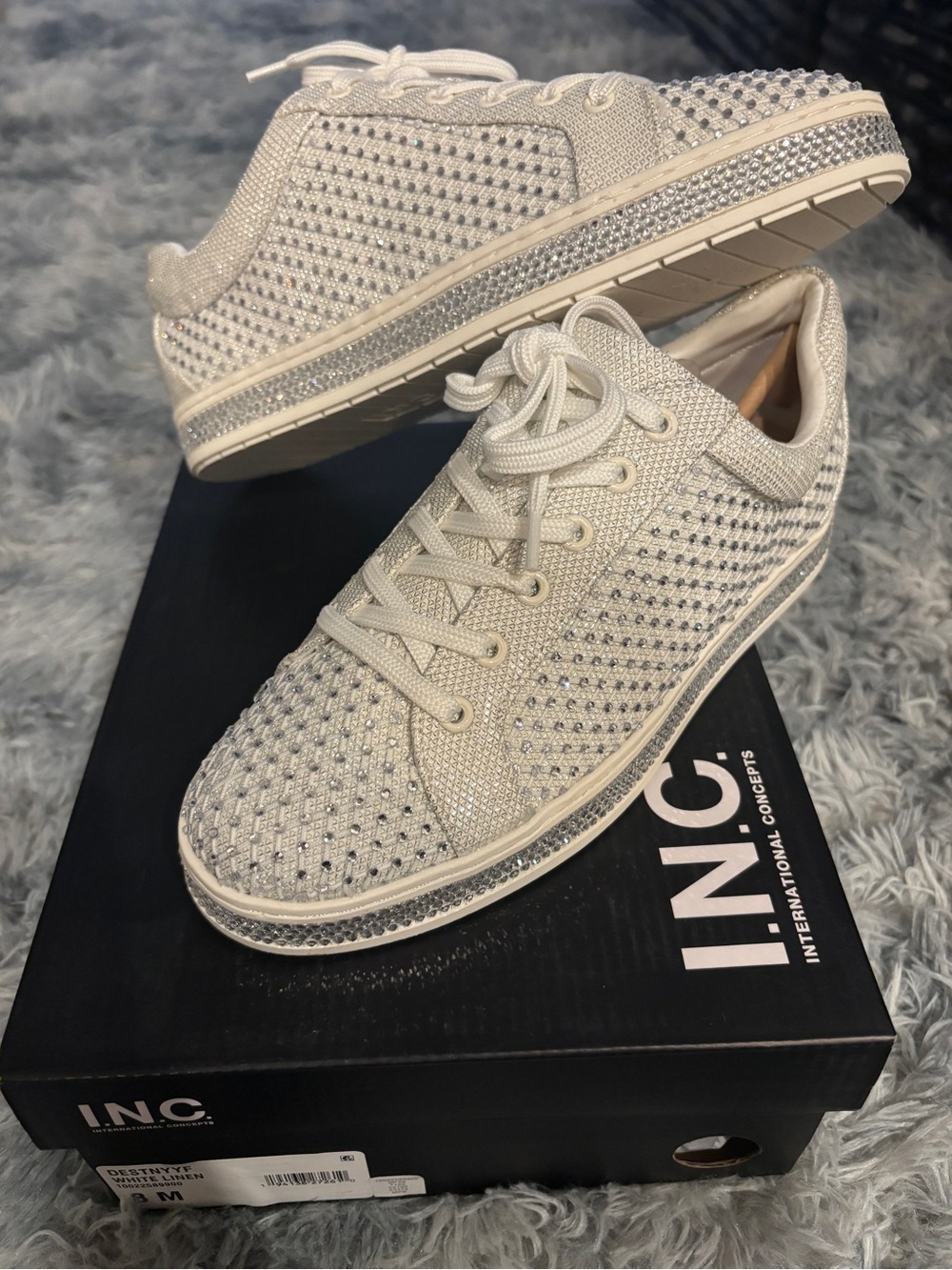 INC International Concepts White Crystal-Embellished Lace-Up Sneakers Size 8